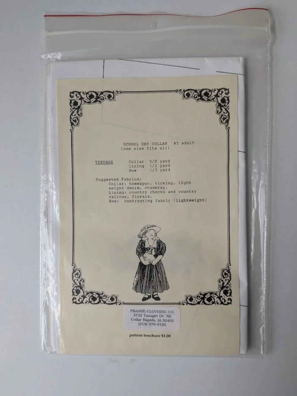 5/$15 Prairie Clothing Co School Day Collar Pattern Adult Uncut 1989 Costume